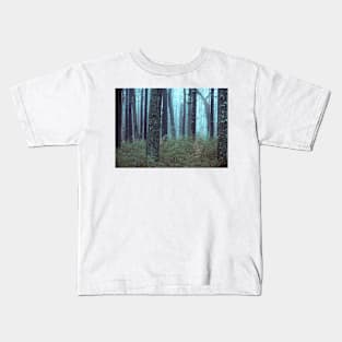 trees in forest on foggy morning Kids T-Shirt